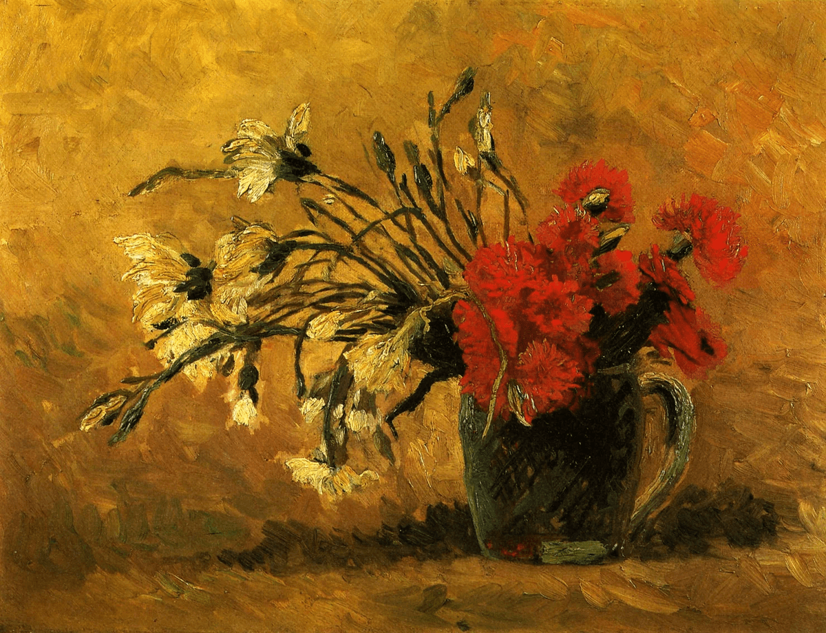 Vase with Red & White Carnations on a Yellow Background, 1886